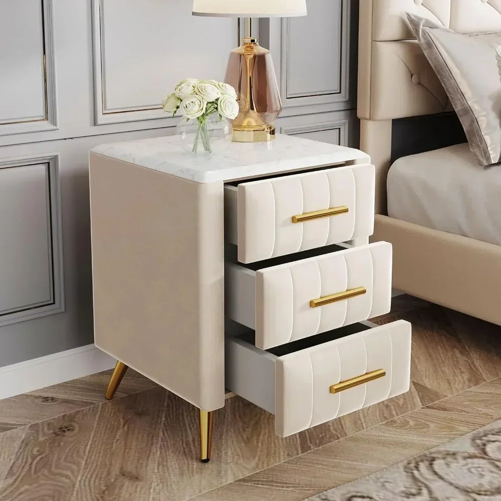 NYLAH Elegant Velvet Upholstered Nightstand with Marbled Top – 16.3" Wide, 3-Drawer End Table
