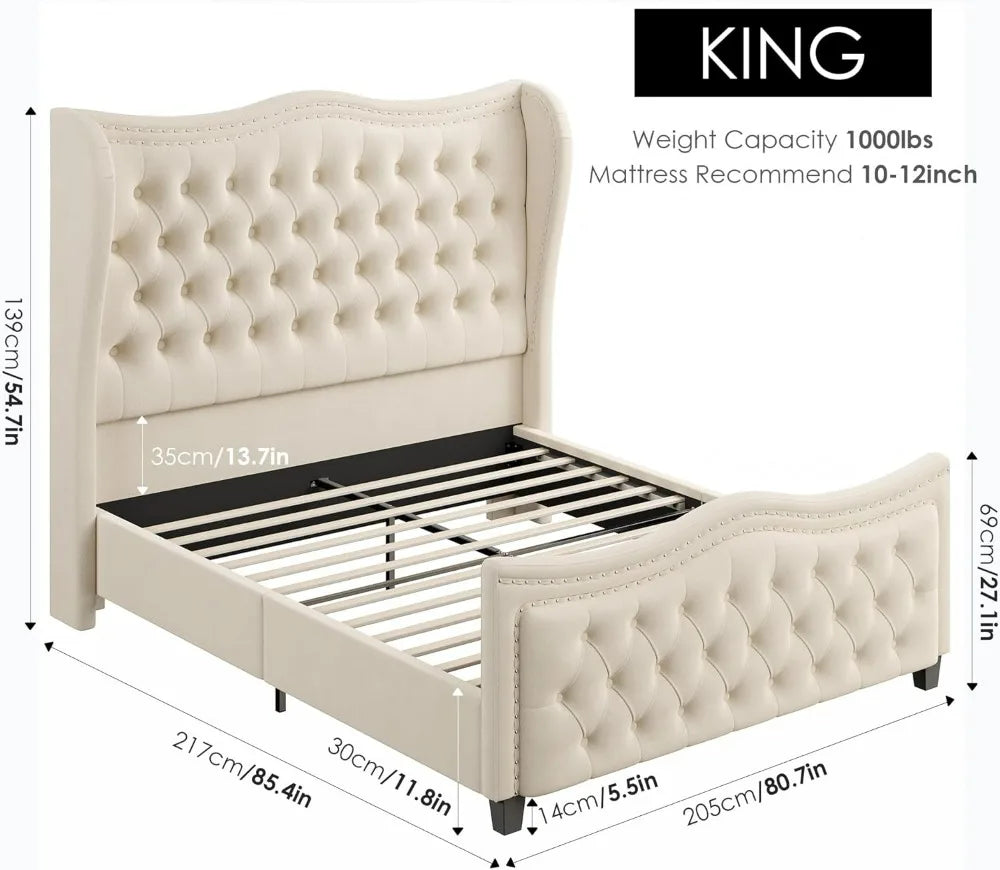 LAINEY King Size Luxury Velvet Wingback Platform Bed Frame with Button Tufted Headboard