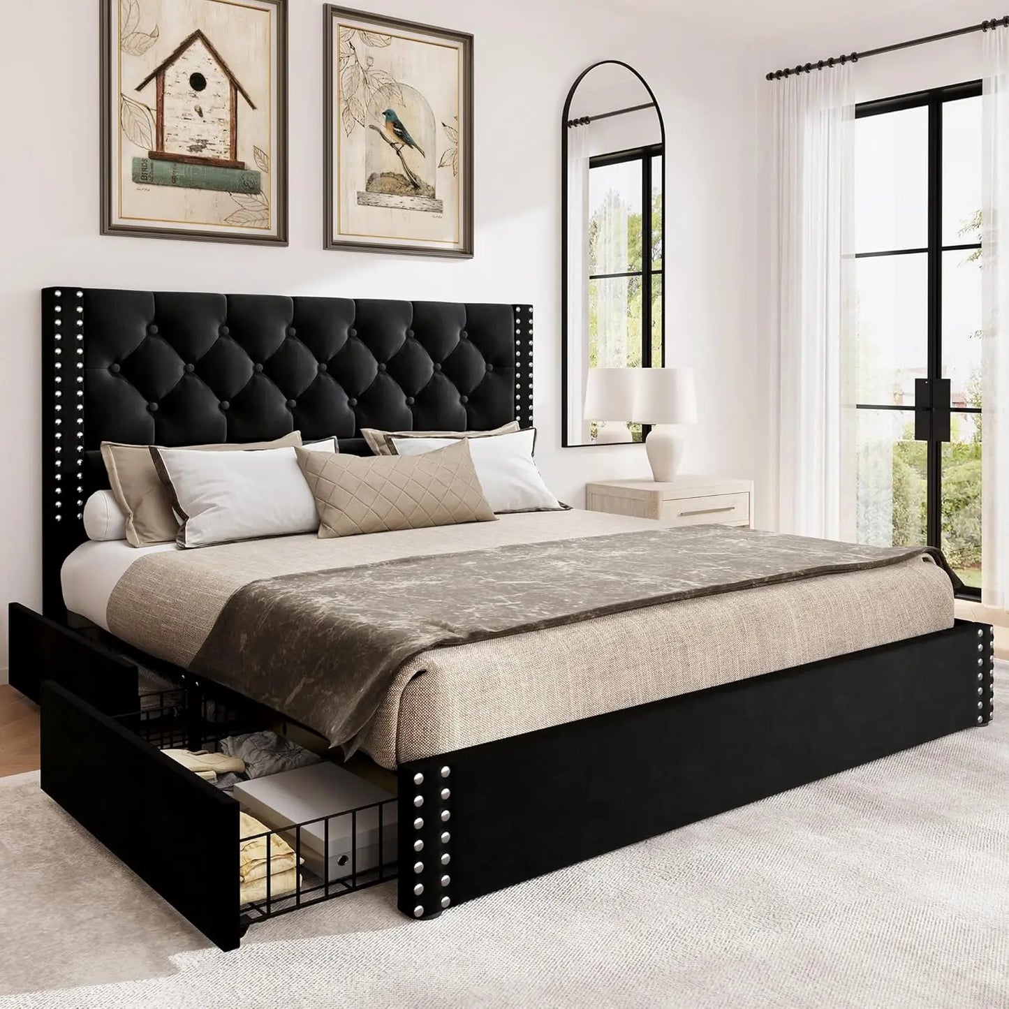 ADELINE Elegant Upholstered Bed Frame with Storage Drawers – King Size