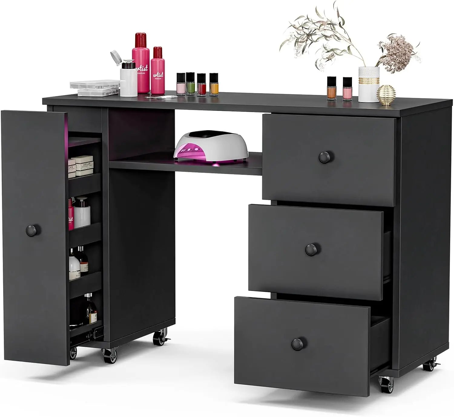 ARIELLA Modern Manicure Table with Storage - 43'' Salon Nail Desk w/3 Drawers & Vertical Cabinet