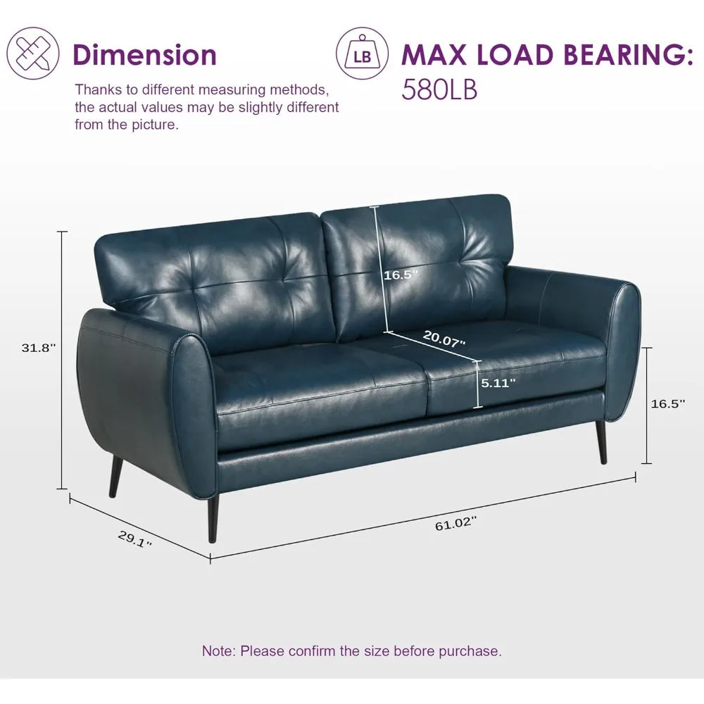 KAYLEE Mid-Century Modern Loveseat Sofa – Tufted Leather 2-Seat Couch -  61.2"