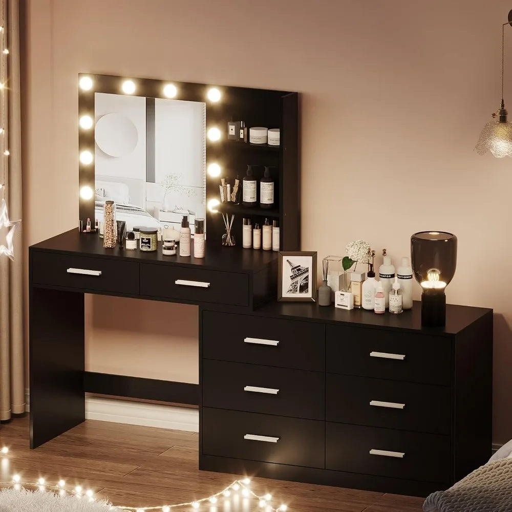 WREN Modern 65" Lighted Makeup Vanity Desk with 8 Drawers & Adjustable Width - Black/White