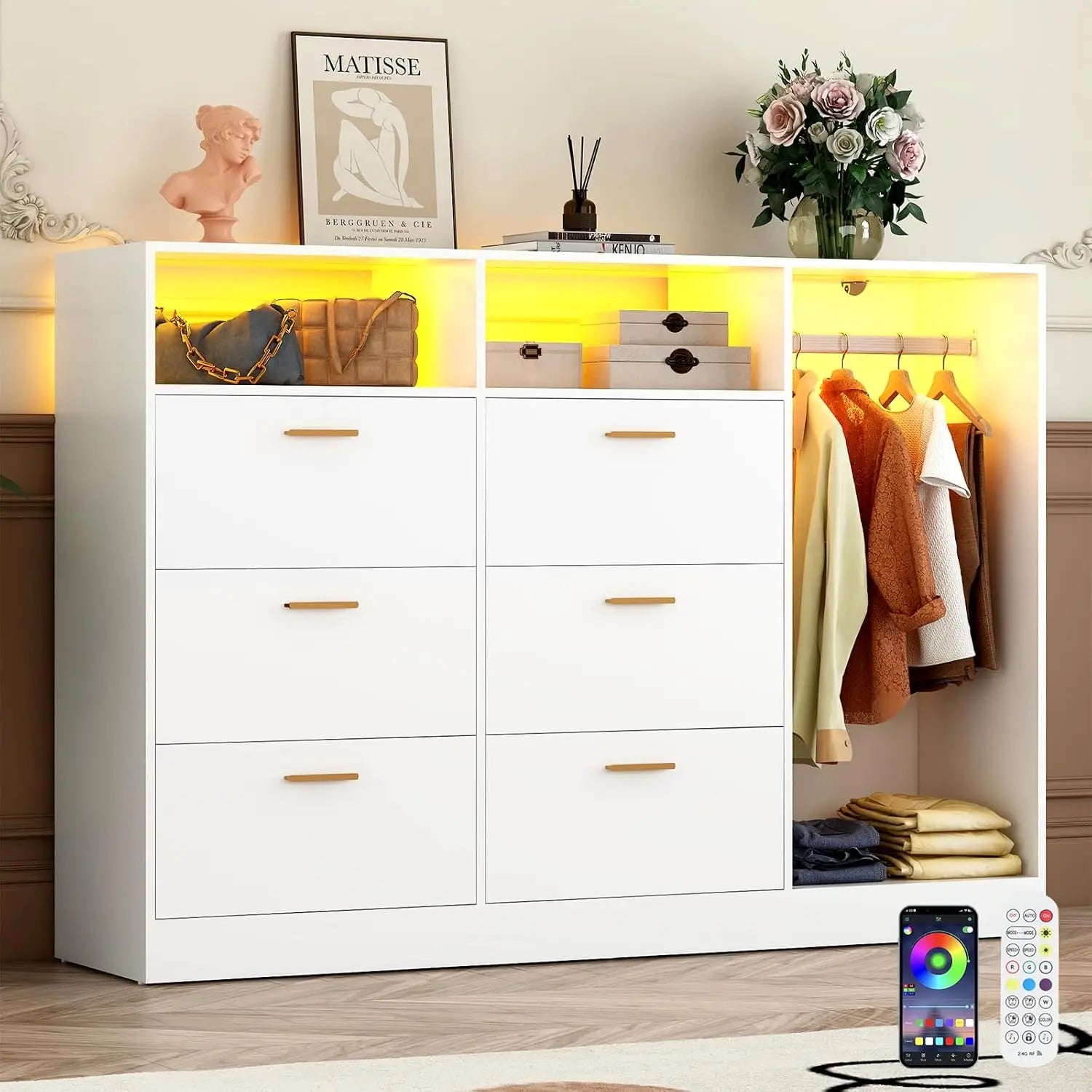 MACKENZIE Modern White LED Storage Dresser with Clothes Rack - 63'' Wide