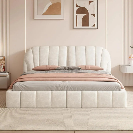 OLIVIA Elegant Modern Upholstered Platform Bed Frame | Queen Size 64.4" Wide Fabric Bed