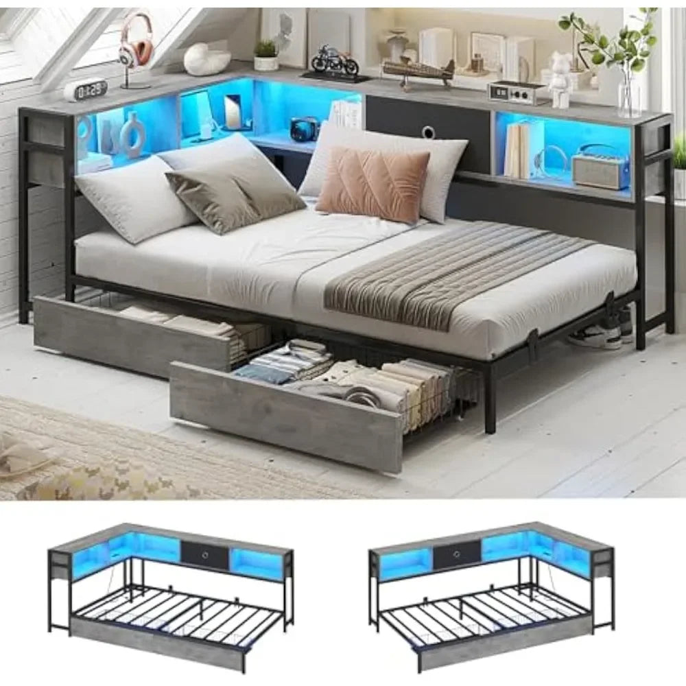 CECILIA Modern Twin Corner Bed Frame with LED Lights, Bookcase, and Storage Drawers