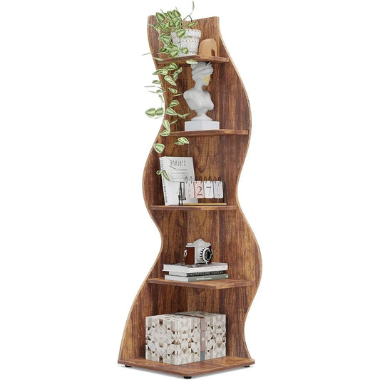 OLDENBURG Rustic 5-Tier Corner Shelf Bookcase – 19.68” W