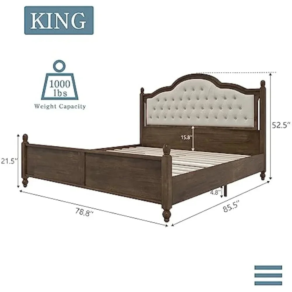 LYLA Classic Walnut King Bed Frame – Solid Wood & Tufted Upholstered Headboard | 78.8" Wide