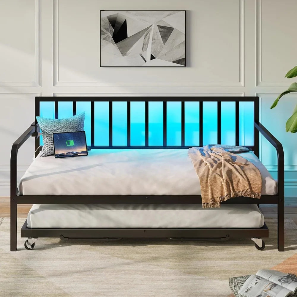 MAYA Modern Metal Daybed with LED Lights & Charging Station - 75.9''