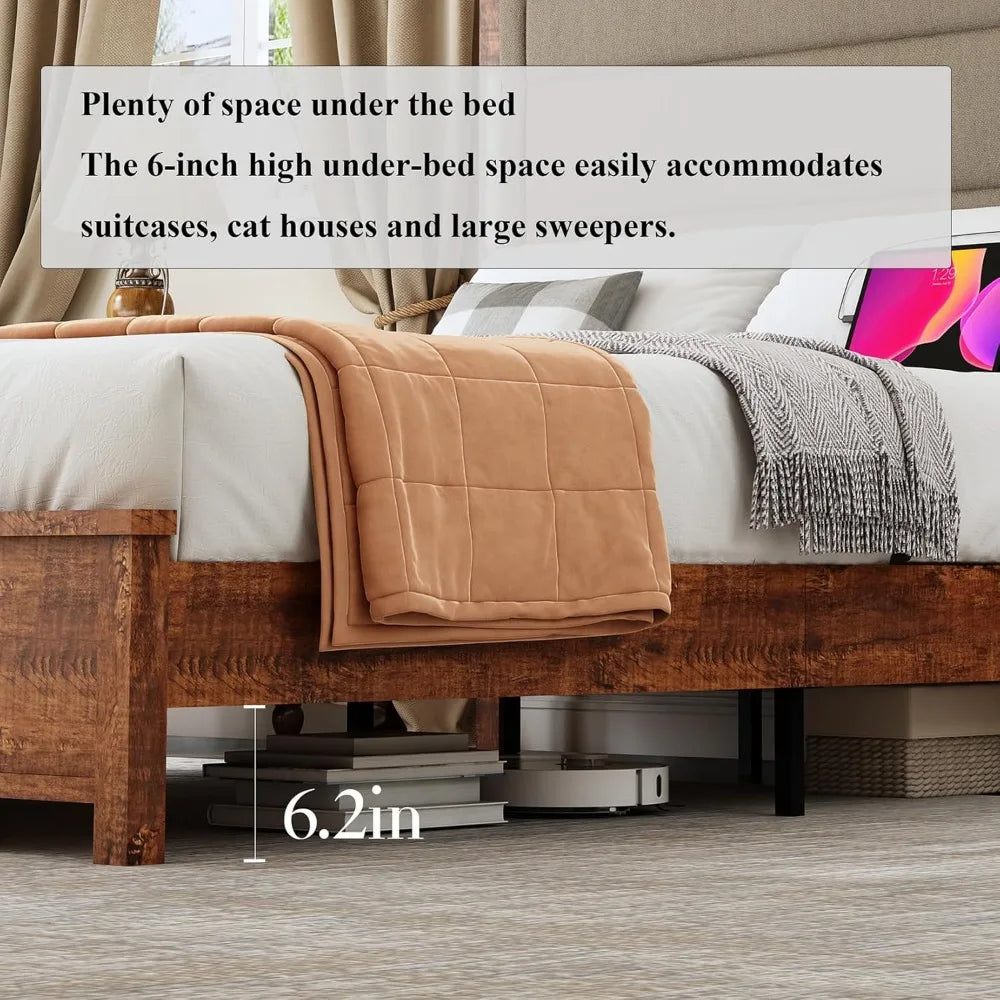 BELLA Rustic Upholstered Bed Frame with 53" LED Headboard & Charging Station