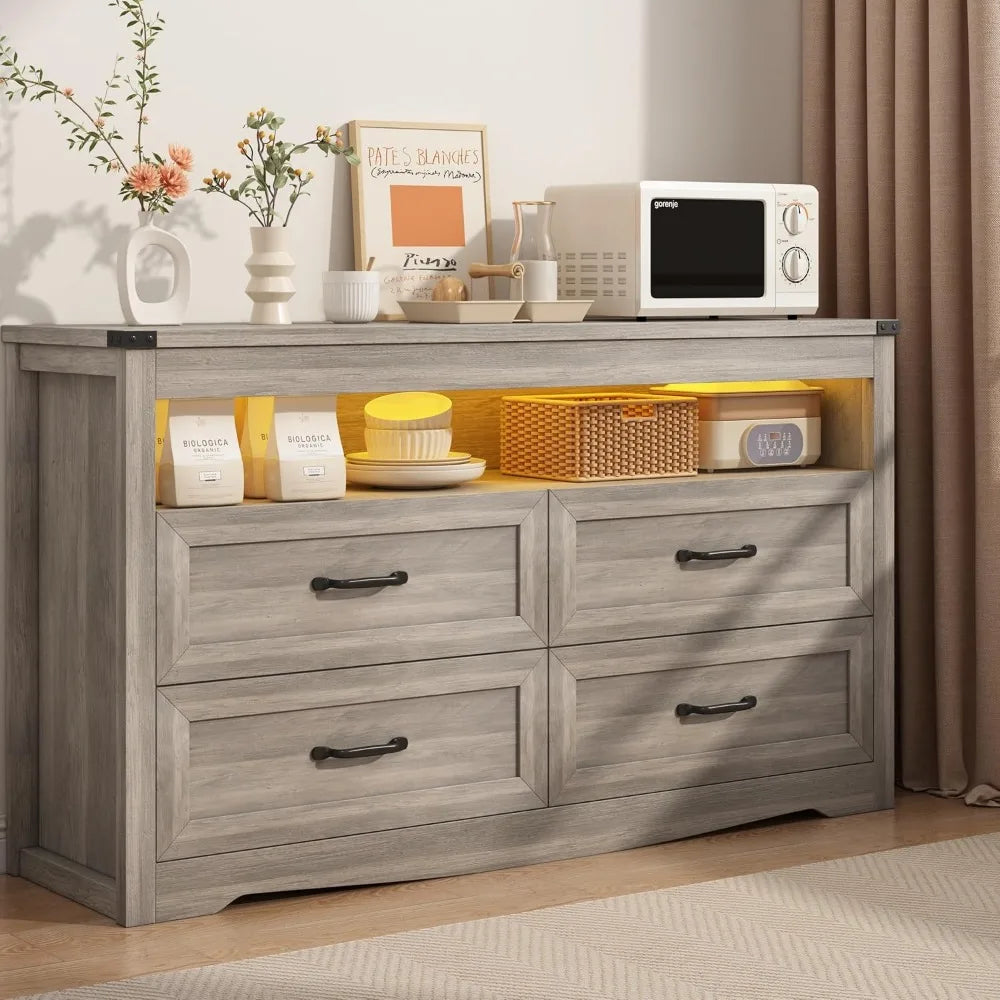EVIE Rustic LED Bedroom Dresser – 4 Drawer Wooden Storage Chest with Open Shelf | 47.2'' W