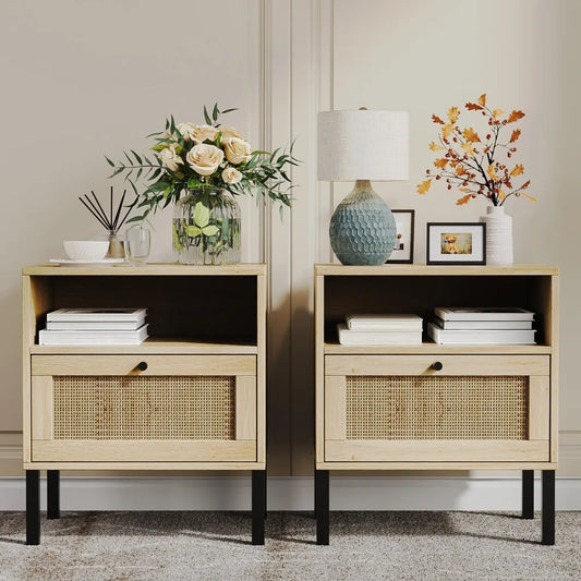 ALIVIA Natural Rattan Boho Nightstand Set - 18.6" Wide Wooden Bedside Table with Storage Drawer