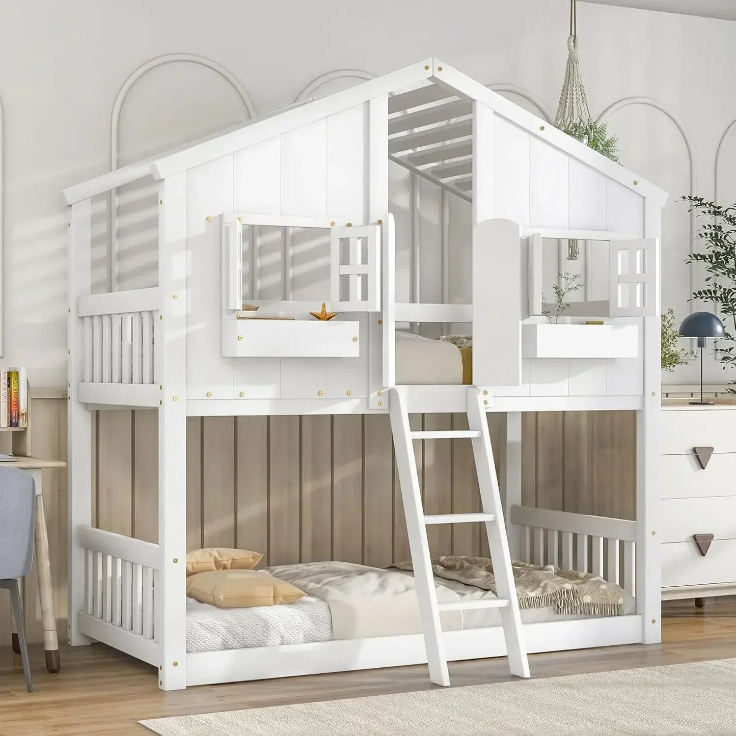 SUMMER Modern Twin Wood Bunk Bed with Roof & Window - 57.8''