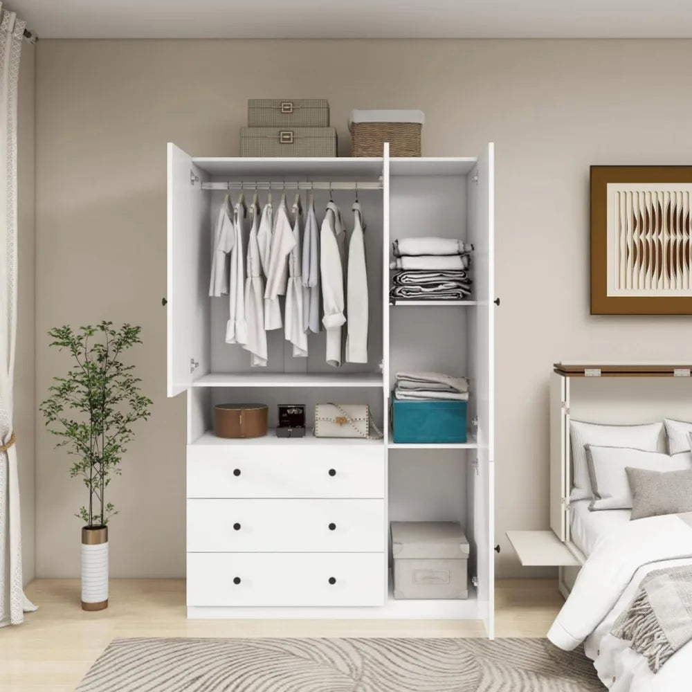 JUNE Modern Minimalist 3-Door Wardrobe Armoire with Storage Drawers - 62.99" Wide