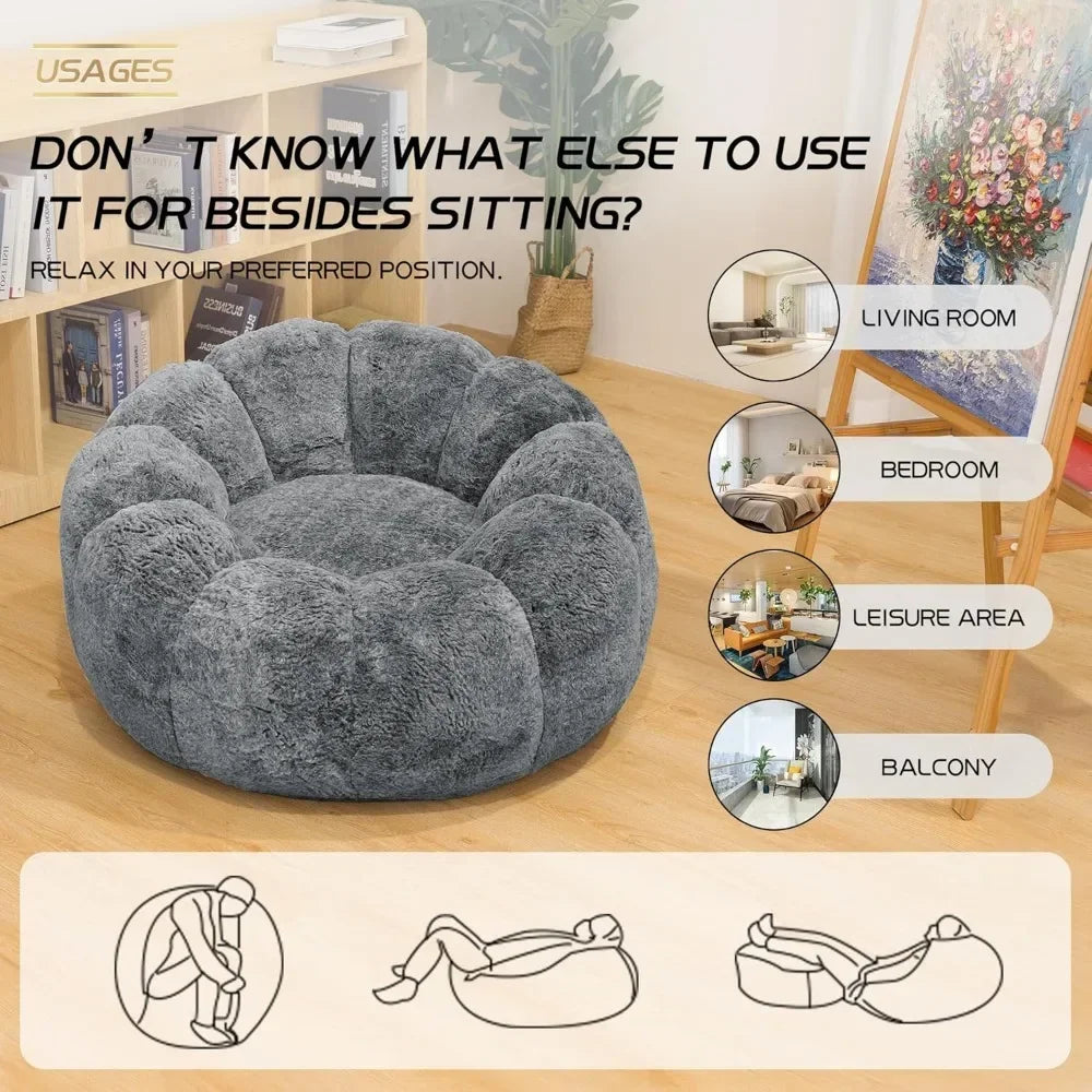 CAROLINA Blossom Style Faux Fur Bean Bag Chair – Lounge Sofa with Petal Arms, 36'' W