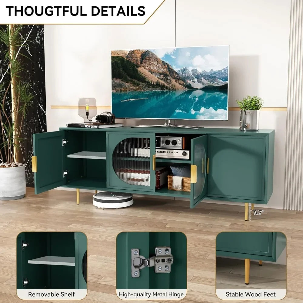 Modern TV Stand for TVs up to 70+ inch, Glass Door Television Console Table with Gold Leg, Entertainment Center with Storage
