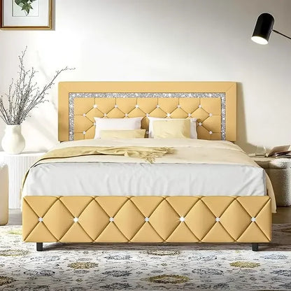 ALINA Modern Queen Bed Frame with Diamond Tufted Upholstered Headboard - 61.81''