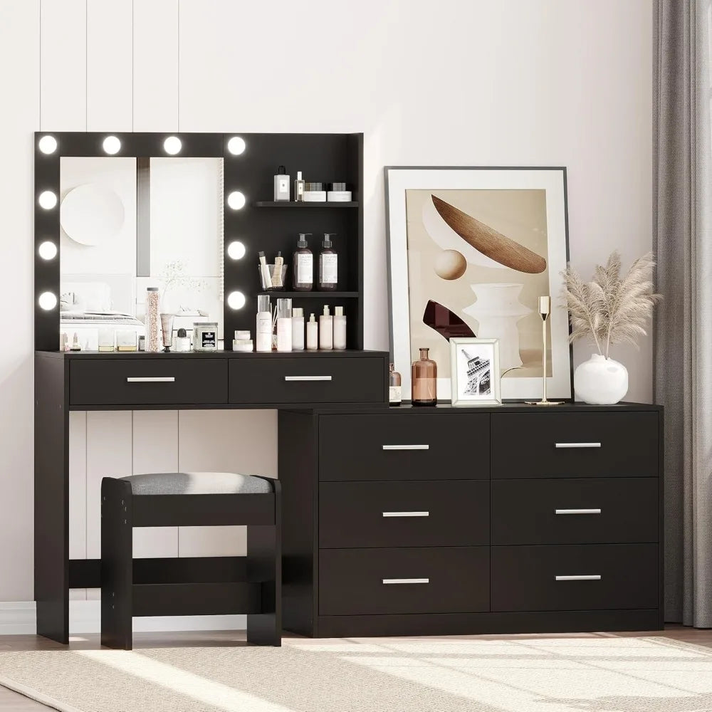 WREN Modern 65" Lighted Makeup Vanity Desk with 8 Drawers & Adjustable Width - Black/White