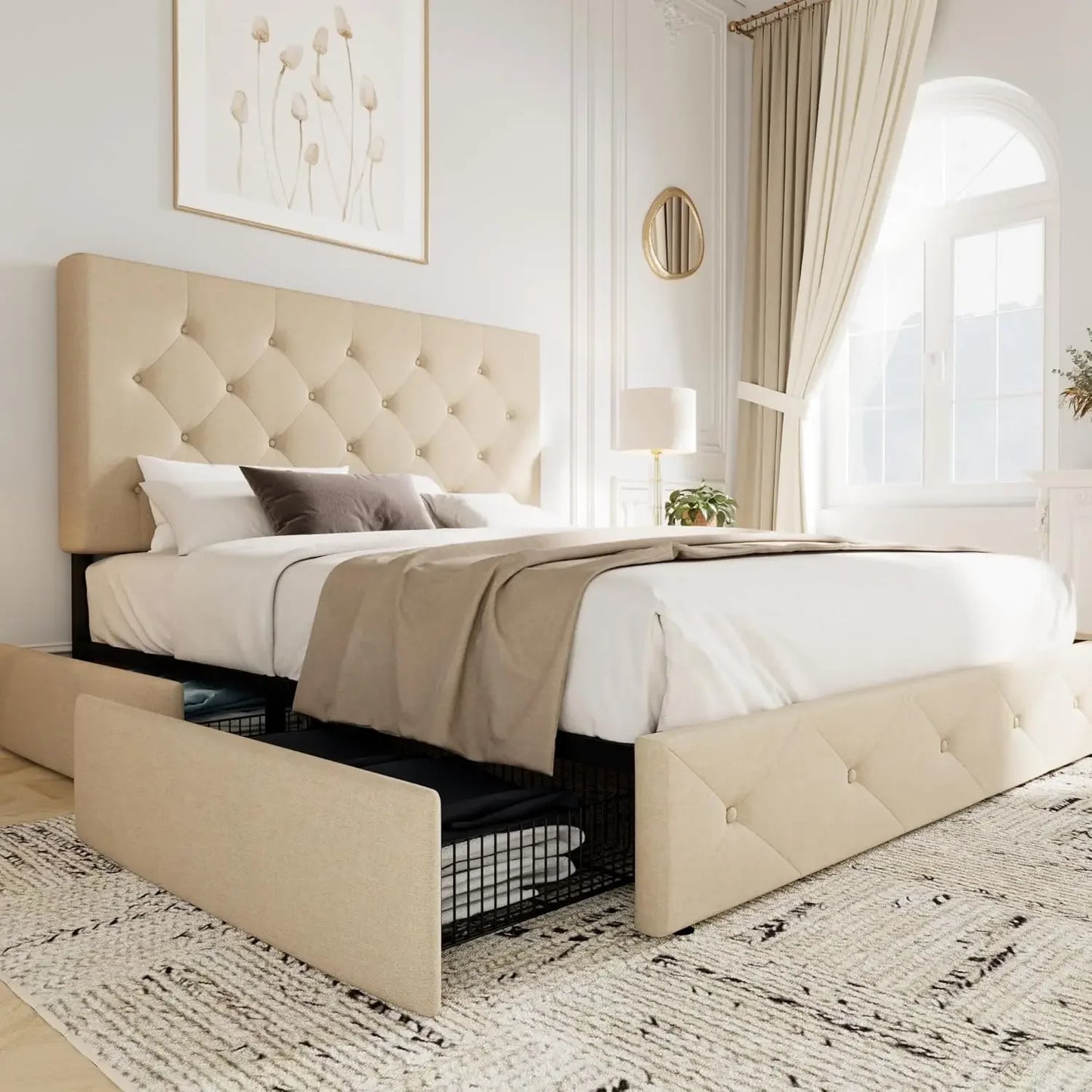 Avani Modern Upholstered King Size Platform Bed Frame with Storage Drawers and 78"W Headboard