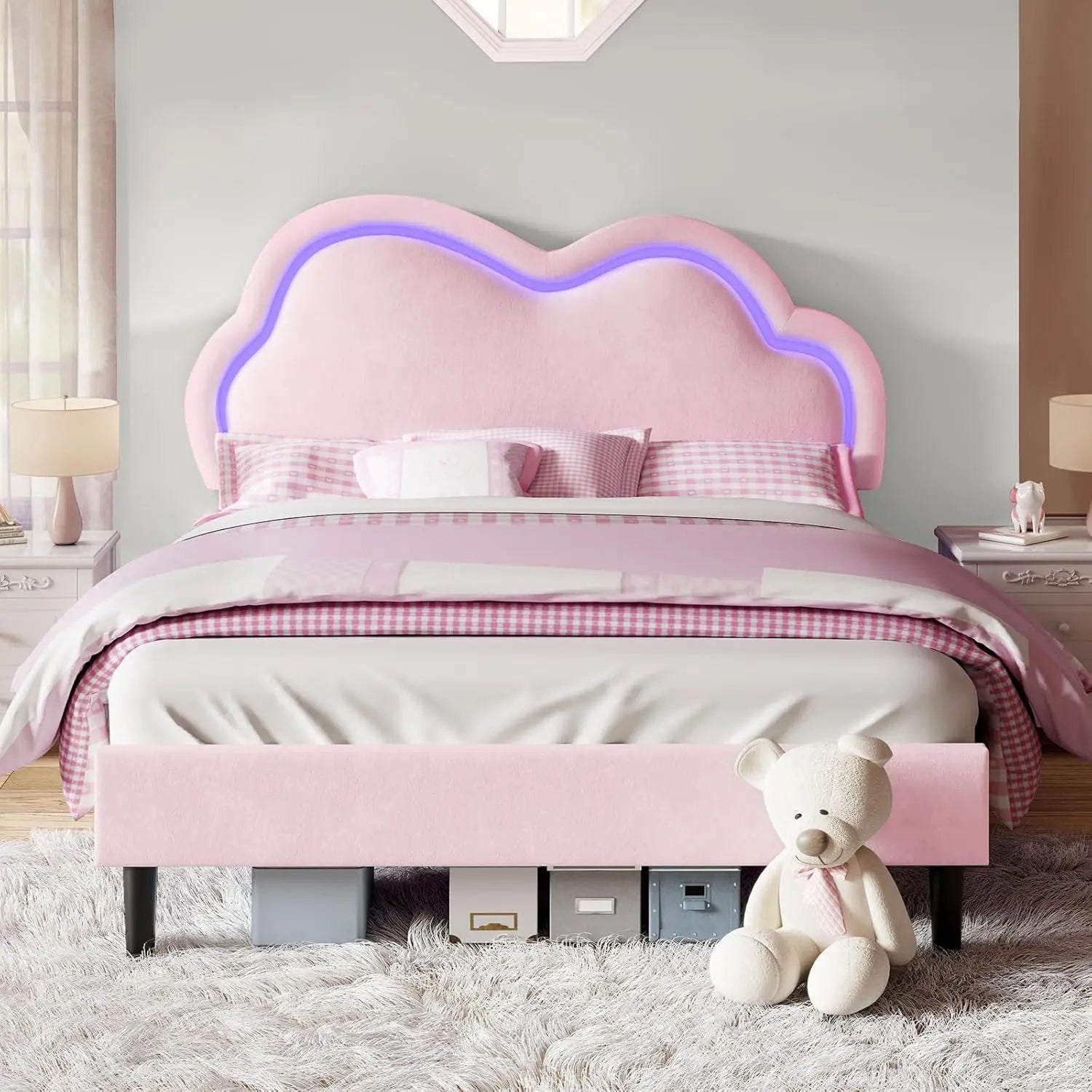 AMIRA Modern Cloud LED Bed Frame - Velvet Upholstered Platform - Full Size