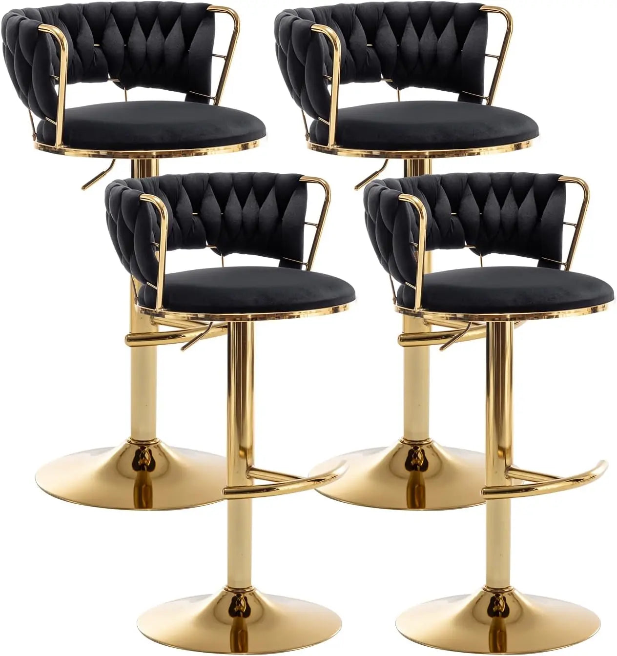 Gold Bar Stools Set of 4, Counter Height Bar Stools with Low Back, Velvet Adjustable Height Barstools, 360° Swivel Bar Stools