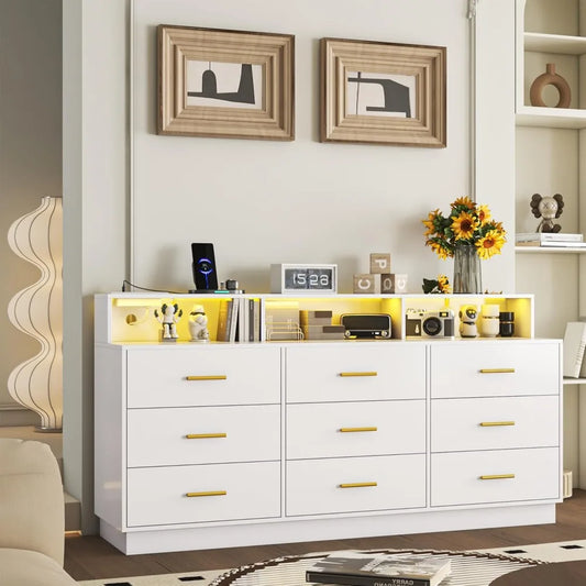 KAIA Modern White 9-Drawer Dresser with LED Lights & Power Outlet – 63"W