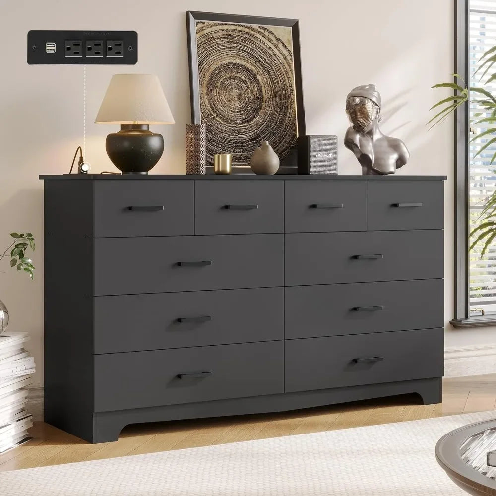 ZURI Modern 55" Wide 10-Drawer Dresser with Power Outlets - Bedroom Storage Organizer