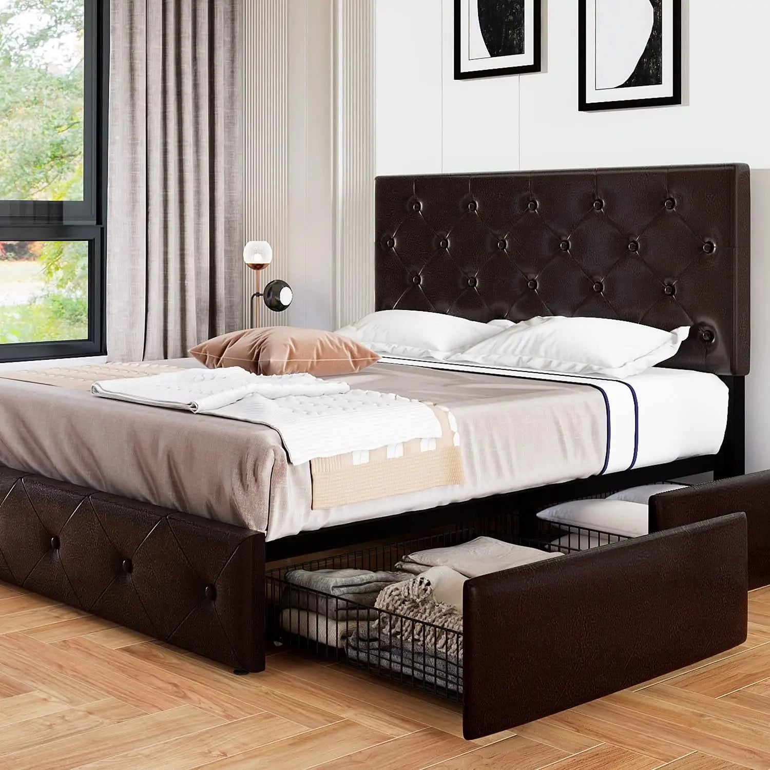 ISABELLE Modern Upholstered Queen Platform Bed Frame with Storage Drawers - 62" Wide