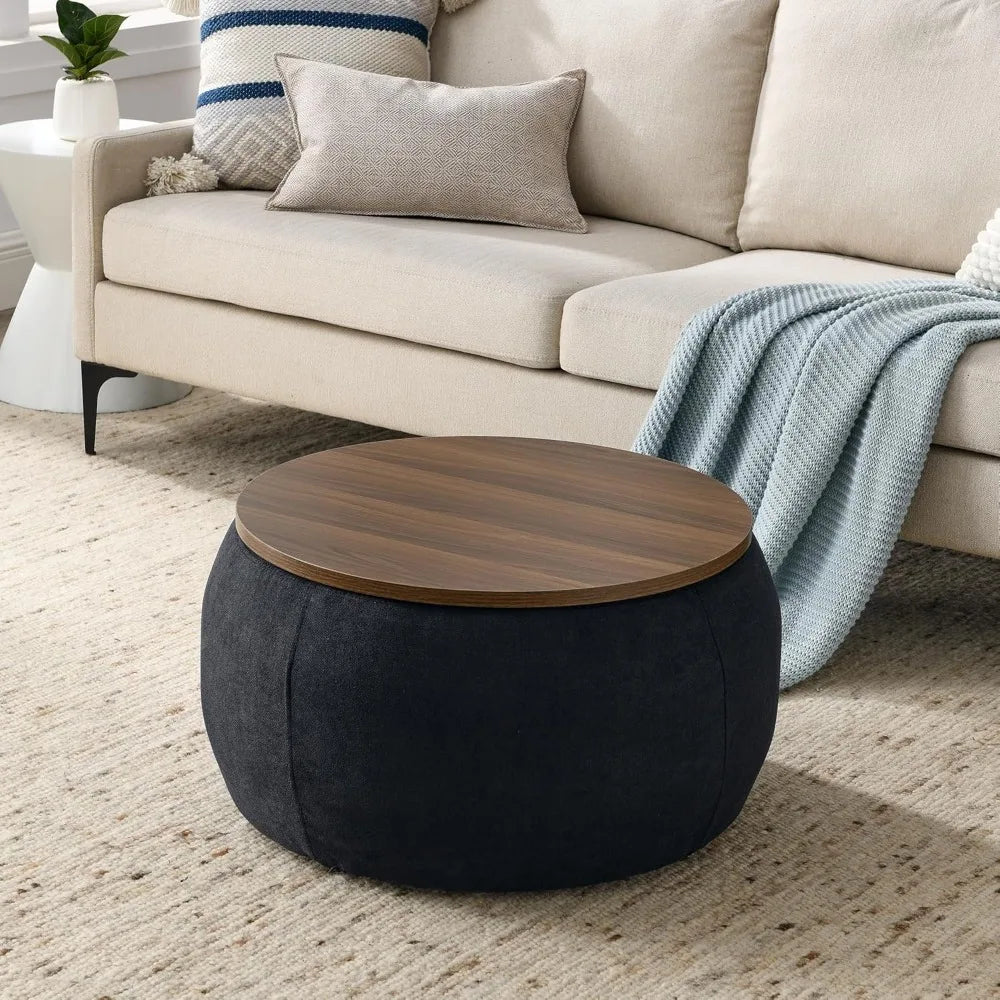 JUSTIN Modern Round Storage Ottoman with Wooden Lid – 25.5" W