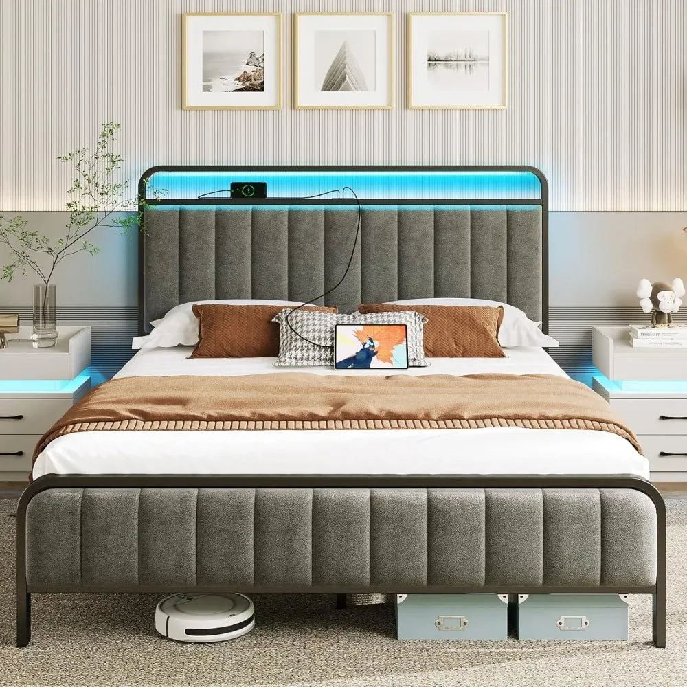 HANNAH Modern Queen Size Bed Frame with LED Headboard, Charging Station & Storage