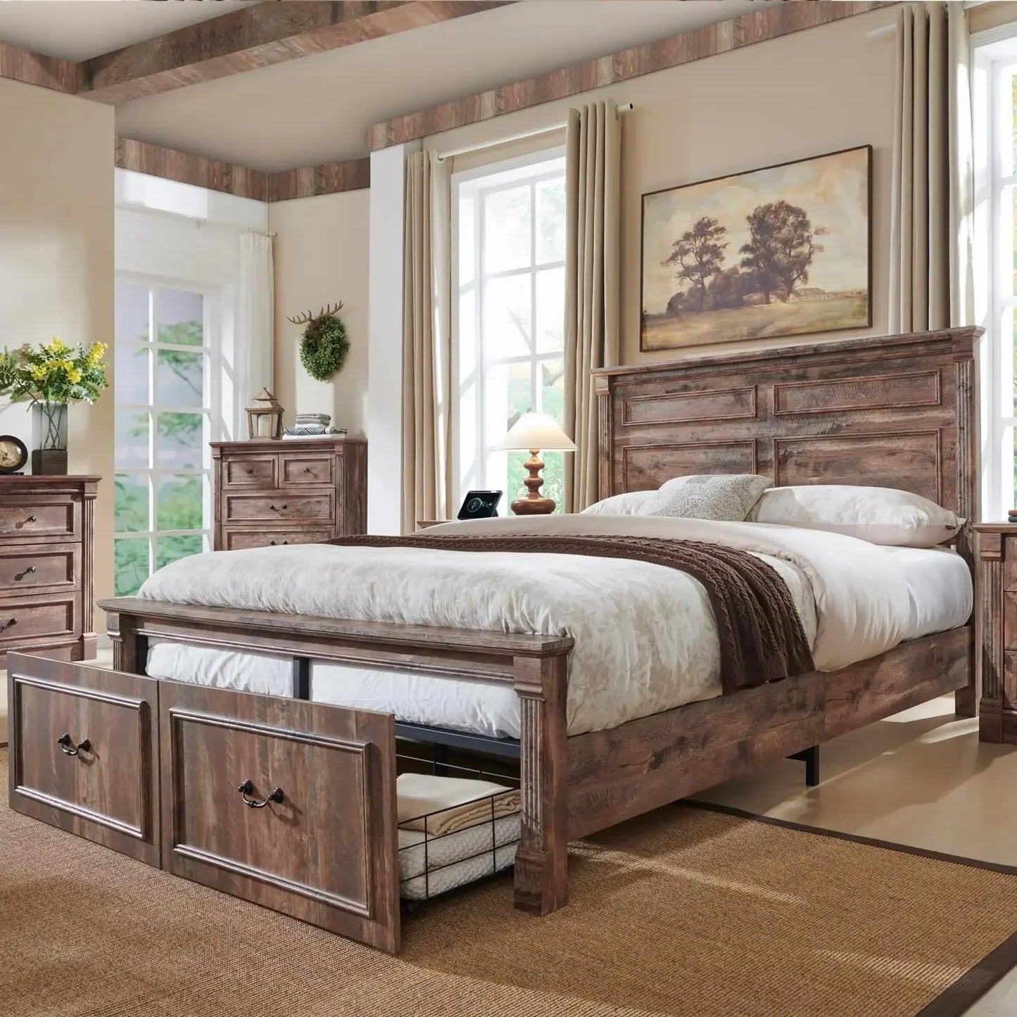 Azari Rustic Farmhouse Queen Bed Frame | Country Style Wood Platform