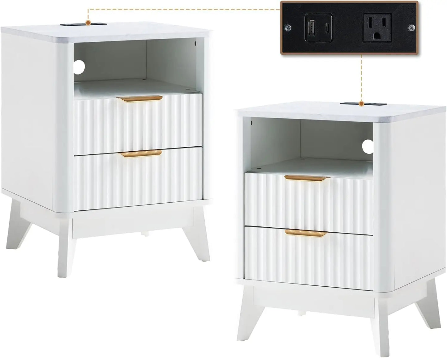 LUCIANA Fluted Farmhouse Nightstand Set of 2 with Charging Statio