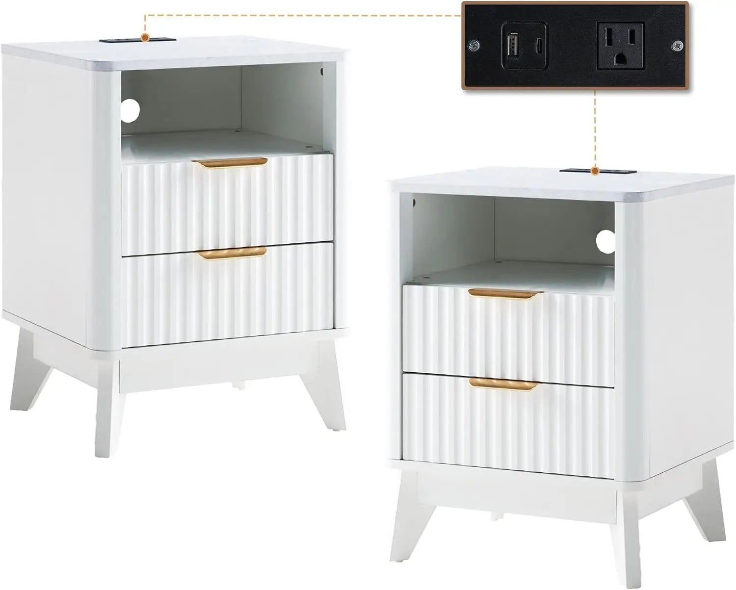 LUCIANA Fluted Farmhouse Nightstand Set of 2 with Charging Statio