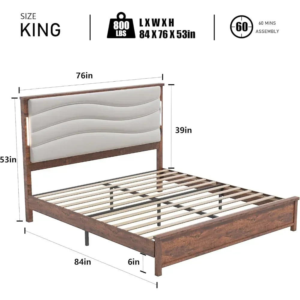 NOVA Wooden Bed Frame with LED Headboard & Charging Station | No Box Spring Needed