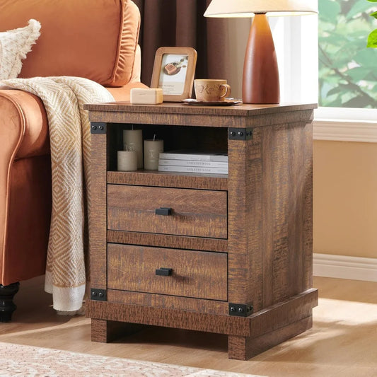 SELAH Rustic Farmhouse Nightstand with Charging Station – 18" Wooden End Table with Storage Drawers