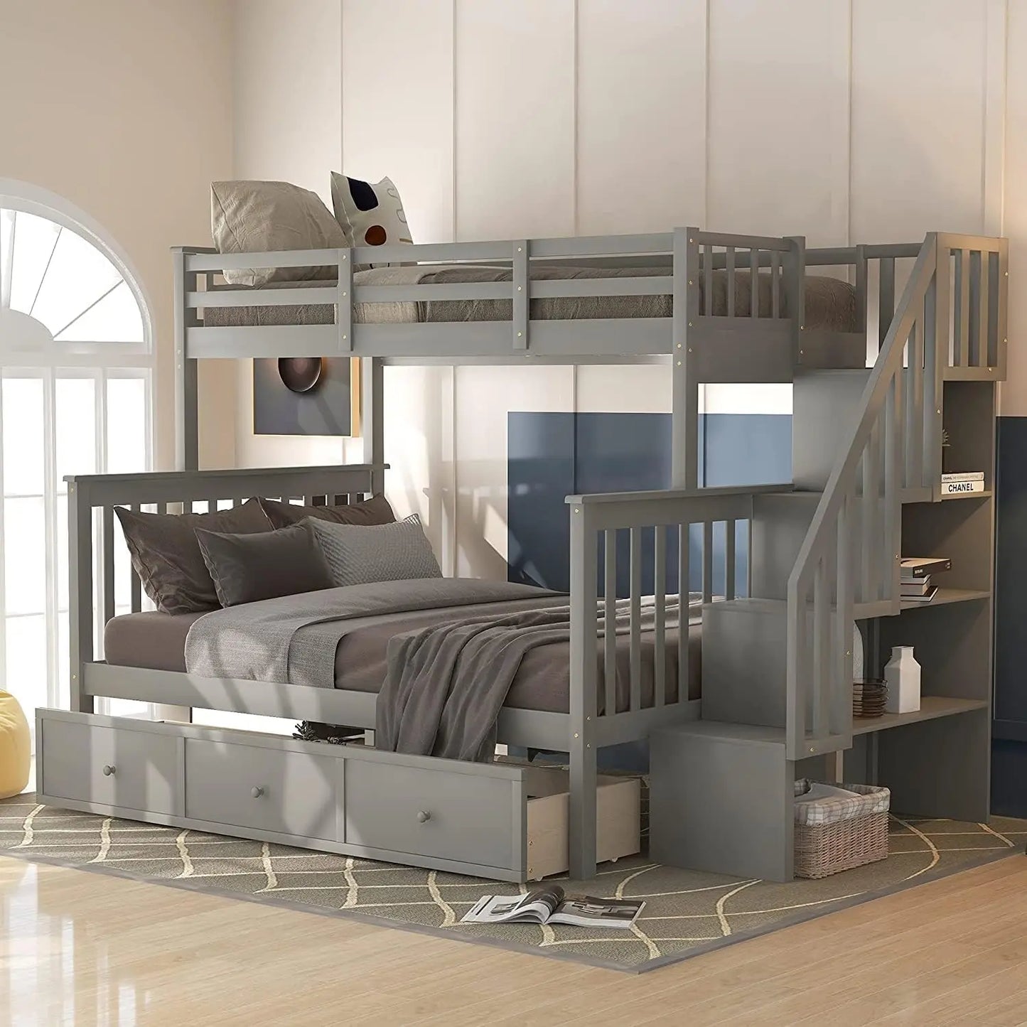 ELEANOR Modern Twin Over Full Bunk Bed with Storage Stairway and Drawers