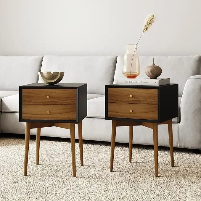 WINTER Modern Mid-Century Nightstand Set – 16" Wide Wooden End Table with Drawers, Black & Oak Brown