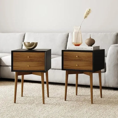 WINTER Modern Mid-Century Nightstand Set – 16" Wide Wooden End Table with Drawers, Black & Oak Brown