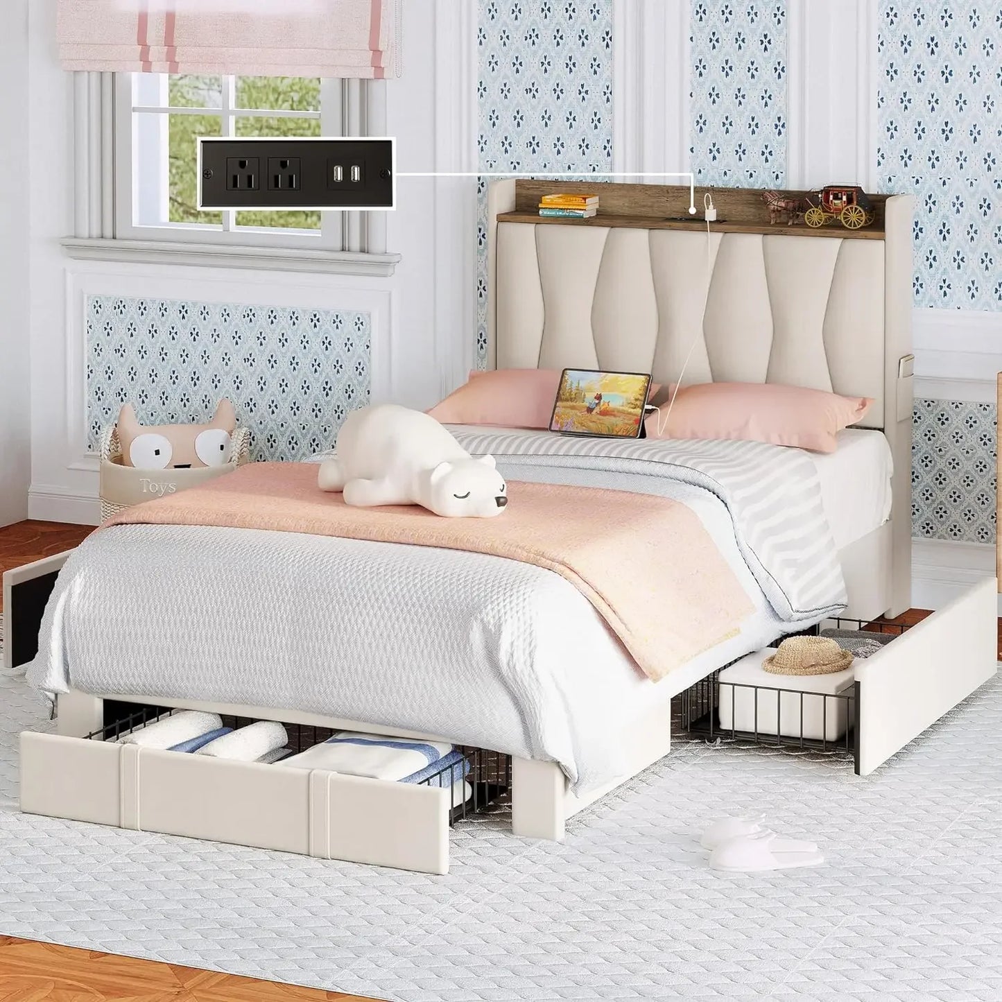 LILLIAN Modern Upholstered Platform Bed Frame with Storage Headboard & Charging Station