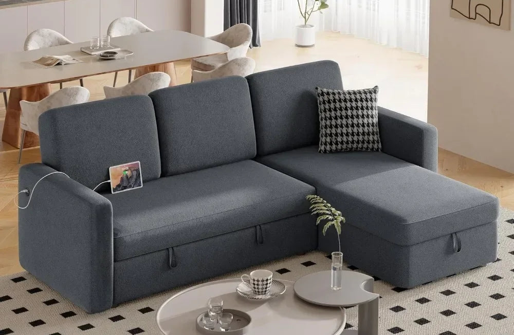 SEBASTIAN Modern Sectional Sofa with Chaise, USB, Pull-Out Bed & Storage - 80.5"