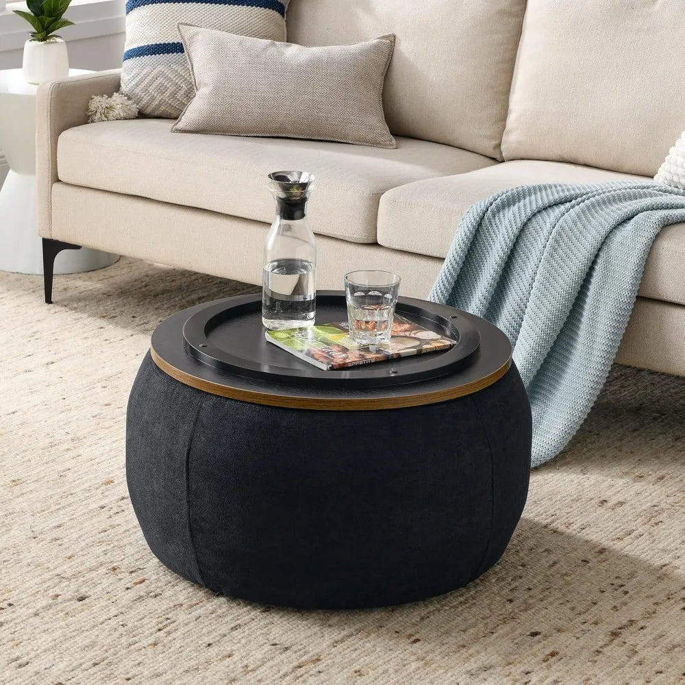 JUSTIN Modern Round Storage Ottoman with Wooden Lid – 25.5" W