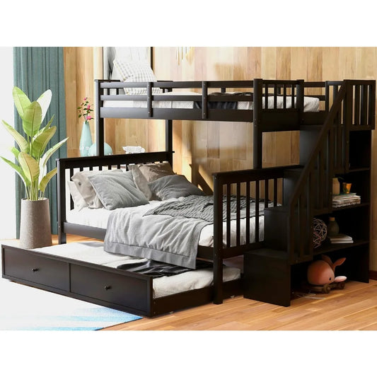 ELEANOR Modern Twin Over Full Bunk Bed with Storage Stairway and Drawers