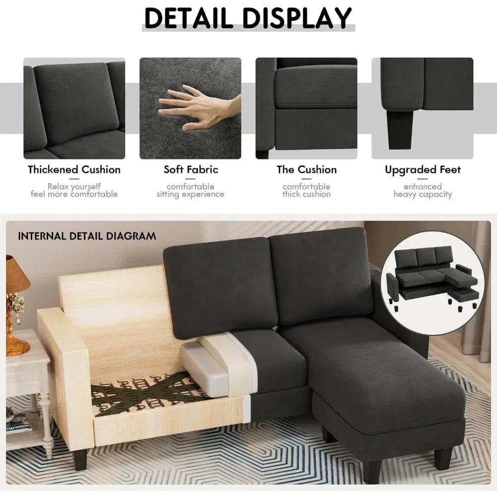 CALVIN Scandinavian Style Convertible L-Shaped Sectional Sofa – Linen Fabric Couch | 70.8"W