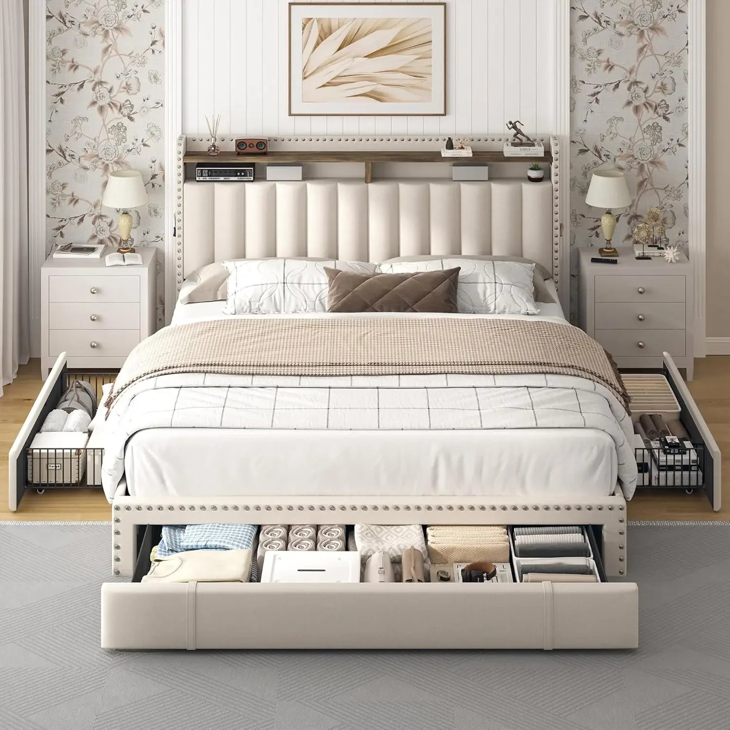 Scottie Vintage Style Queen Bed Frame with Upholstered Headboard and 62" Width Storage Drawers