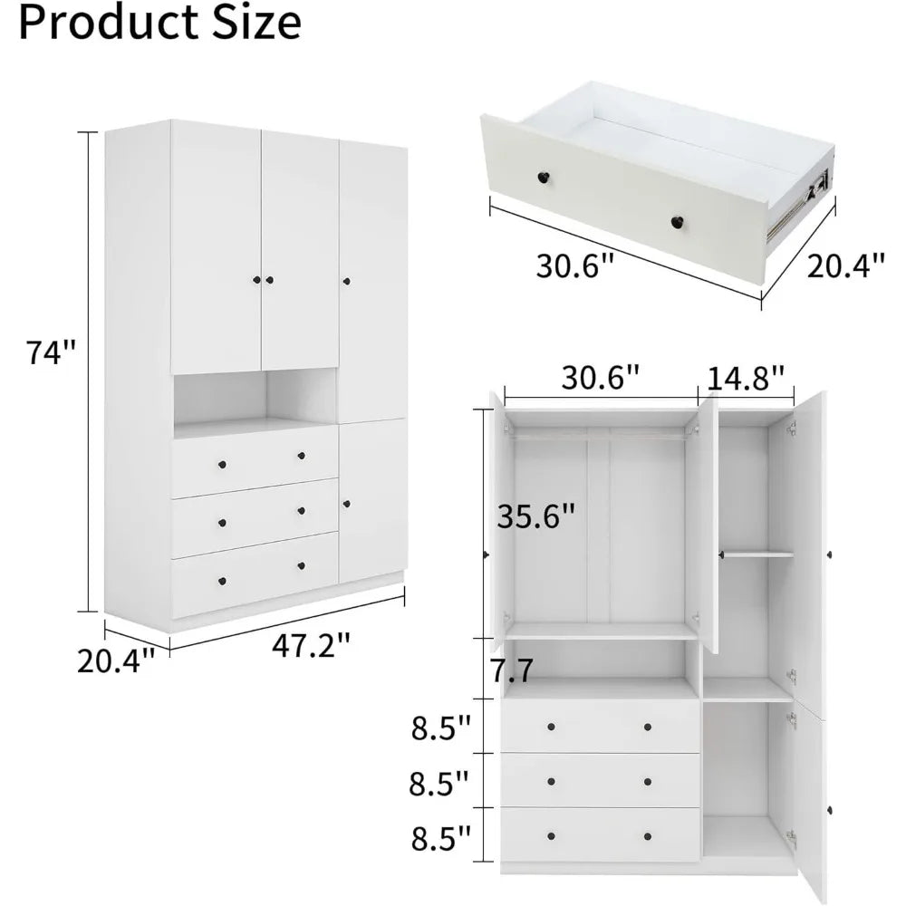 JUNE Modern Minimalist 3-Door Wardrobe Armoire with Storage Drawers - 62.99" Wide