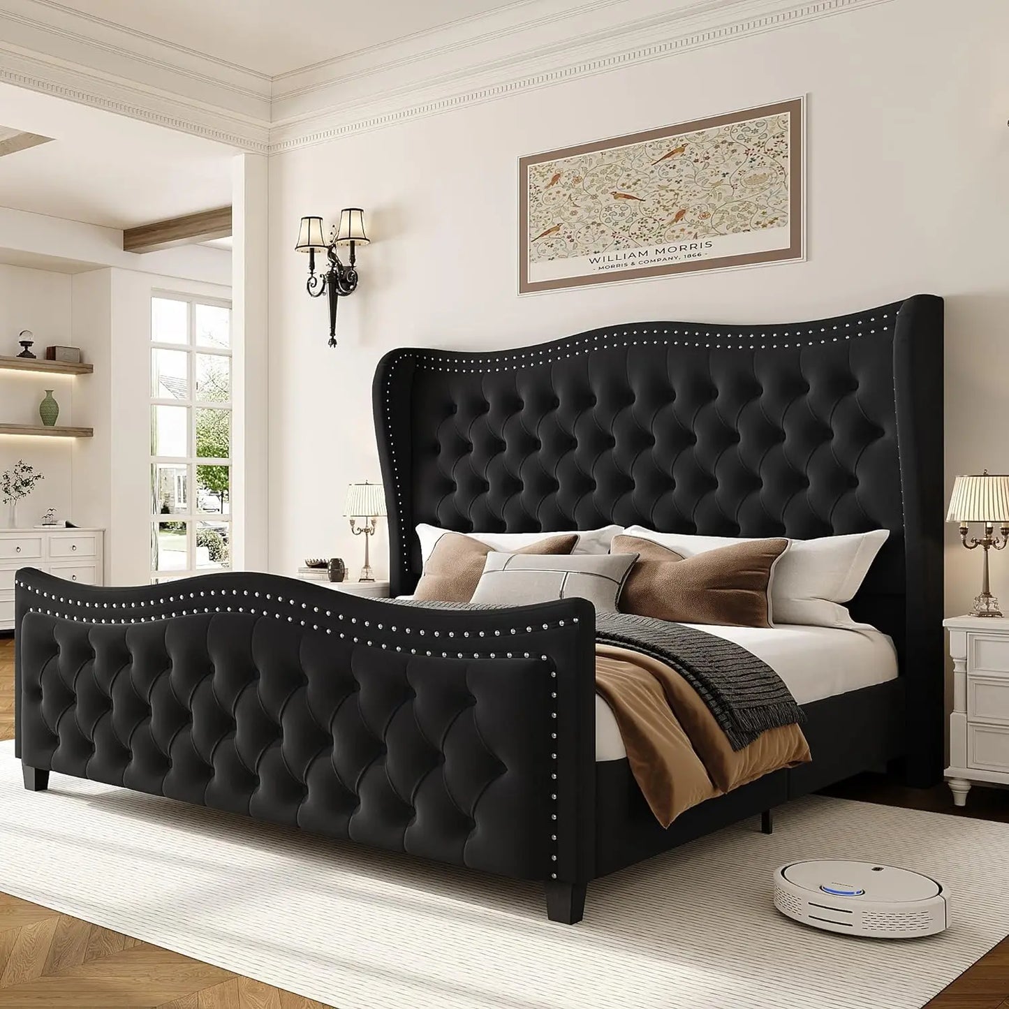 LAINEY King Size Luxury Velvet Wingback Platform Bed Frame with Button Tufted Headboard