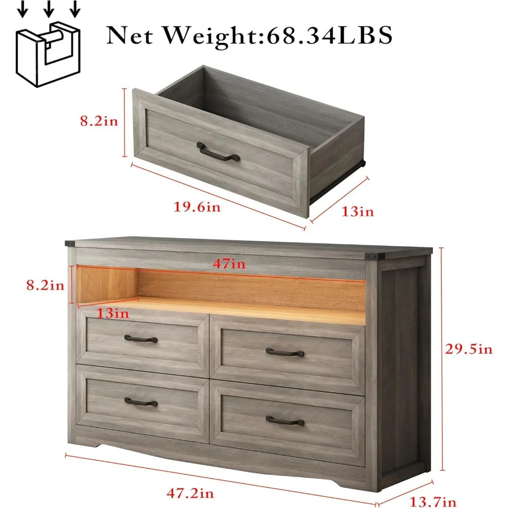 EVIE Rustic LED Bedroom Dresser – 4 Drawer Wooden Storage Chest with Open Shelf | 47.2'' W