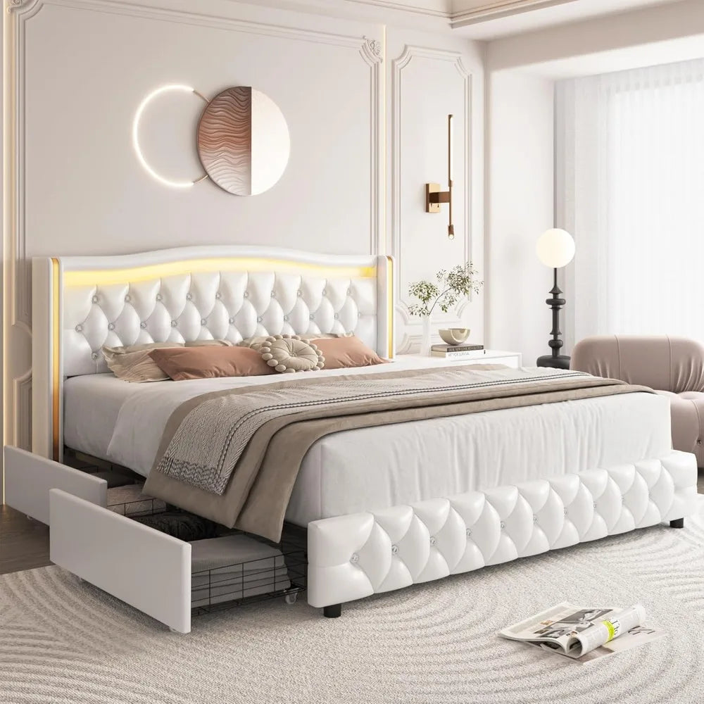 PIPER Modern LED Platform Bed Frame with Crystal Tufted Headboard & Storage Drawers - 60''