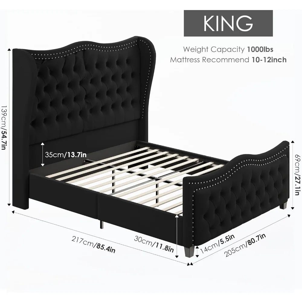 AVERY King Bed Frame, 55" Headboard Upholstered Bed with Tall Footboard, Velvet Handmade Pleats