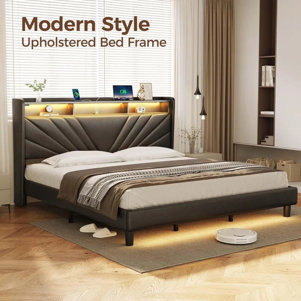 ZOEY Modern King Size Upholstered Bed Frame with LED Lights, Charging Station & Storage - 75.98''