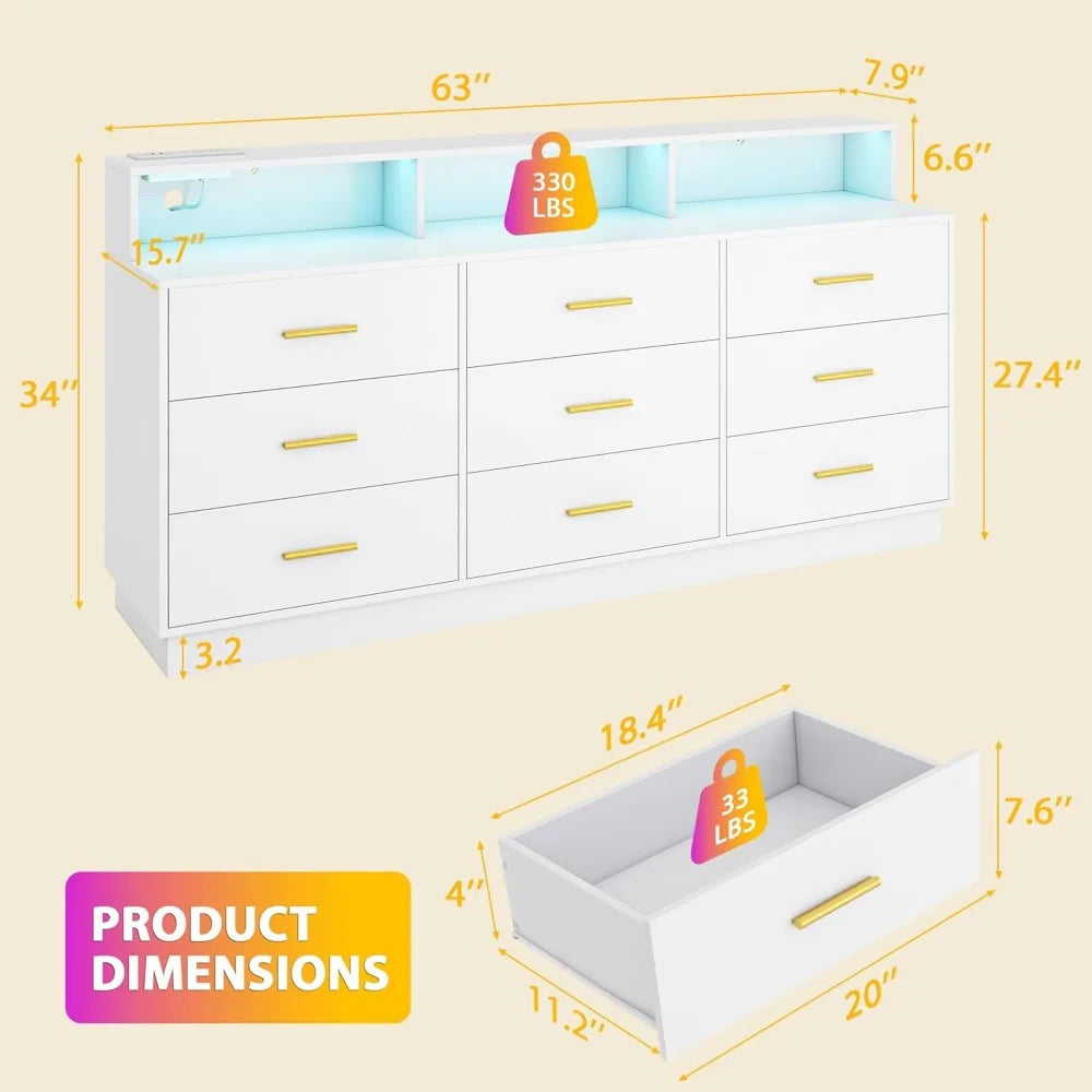 KAIA Modern White 9-Drawer Dresser with LED Lights & Power Outlet – 63"W